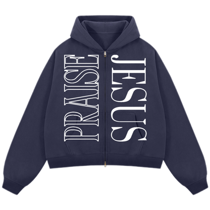 "PRAISE JESUS" Unisex Oversized Premium Boxy Cropped Fleece 380 GSM Zip-up Hoodie