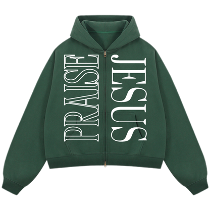 "PRAISE JESUS" Unisex Oversized Premium Boxy Cropped Fleece 380 GSM Zip-up Hoodie