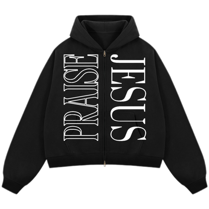 "PRAISE JESUS" Unisex Oversized Premium Boxy Cropped Fleece 380 GSM Zip-up Hoodie