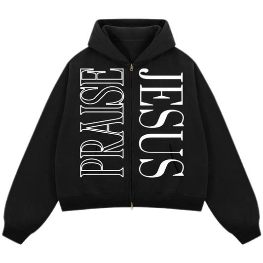 "PRAISE JESUS" Unisex Oversized Premium Boxy Cropped Fleece 380 GSM Zip-up Hoodie