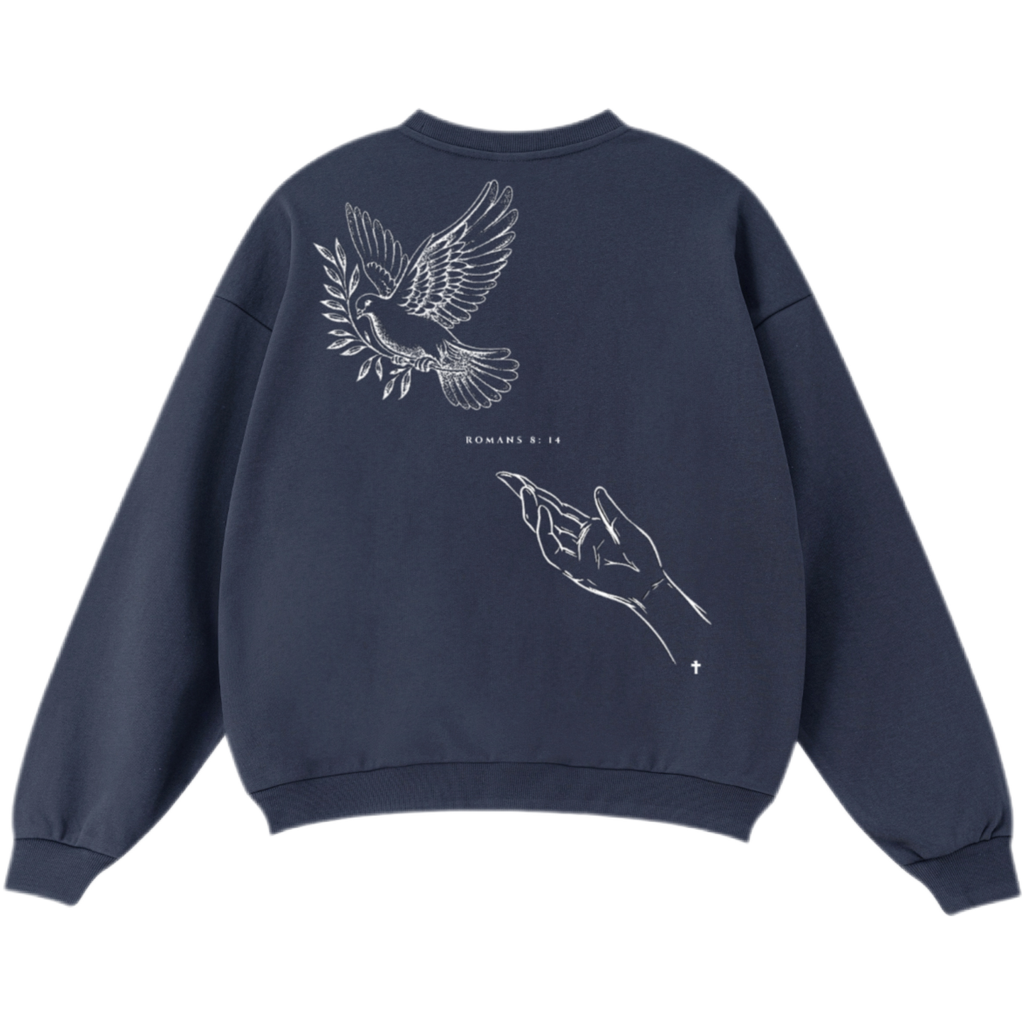 Navy blue sweatshirt with white bird and hand design