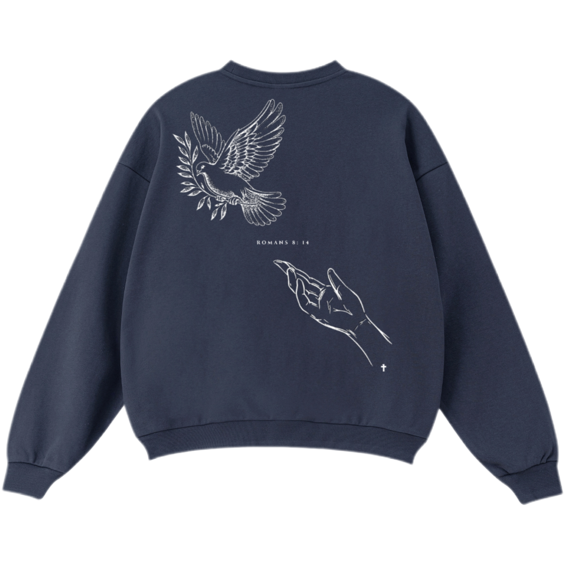 Navy blue sweatshirt with white bird and hand design