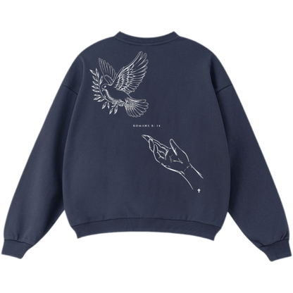 Navy blue sweatshirt with white bird and hand design