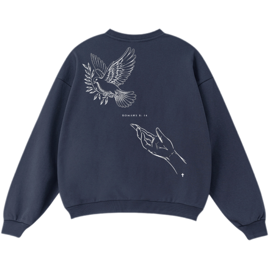 Navy blue sweatshirt with white bird and hand design