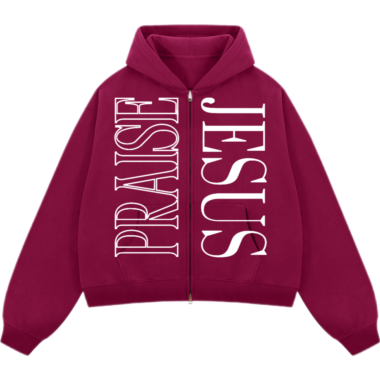 "PRAISE JESUS" Unisex Oversized Premium Boxy Cropped Fleece 380 GSM Zip-up Hoodie