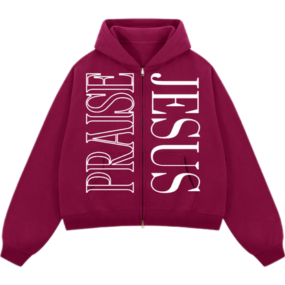 "PRAISE JESUS" Unisex Oversized Premium Boxy Cropped Fleece 380 GSM Zip-up Hoodie