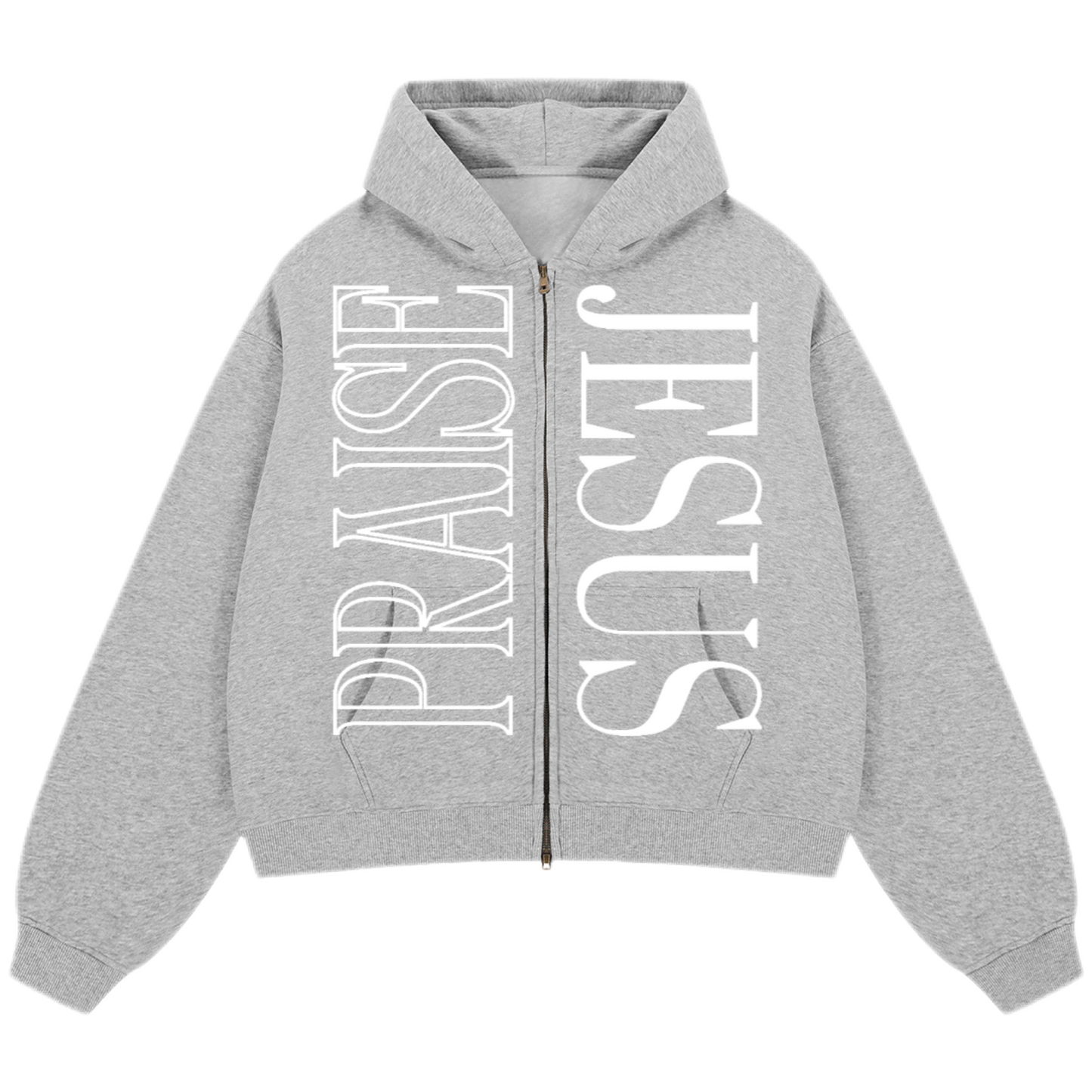 "PRAISE JESUS" Unisex Oversized Premium Boxy Cropped Fleece 380 GSM Zip-up Hoodie