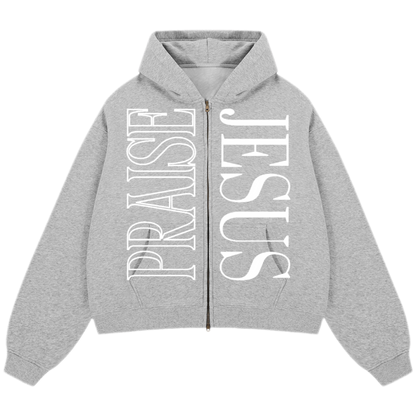 "PRAISE JESUS" Unisex Oversized Premium Boxy Cropped Fleece 380 GSM Zip-up Hoodie