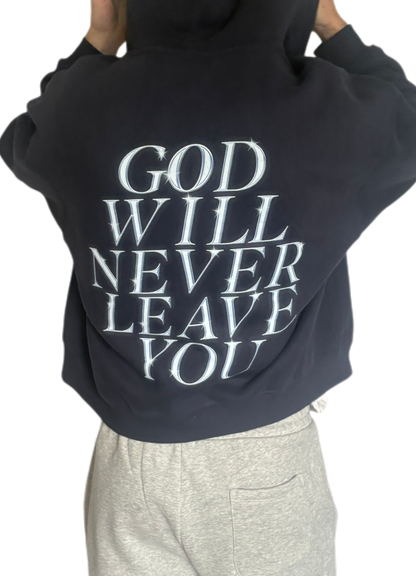 "God Will Never Leave You" Unisex Oversized Premium Boxy Cropped Fleece 380 GSM Zip-up Hoodie