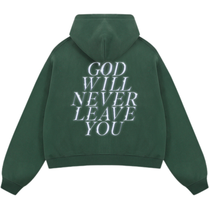 "God Will Never Leave You" Unisex Oversized Premium Boxy Cropped Fleece 380 GSM Zip-up Hoodie