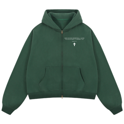 "God Will Never Leave You" Unisex Oversized Premium Boxy Cropped Fleece 380 GSM Zip-up Hoodie