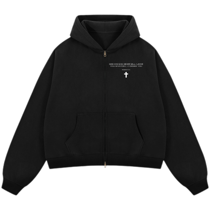 "God Will Never Leave You" Unisex Oversized Premium Boxy Cropped Fleece 380 GSM Zip-up Hoodie